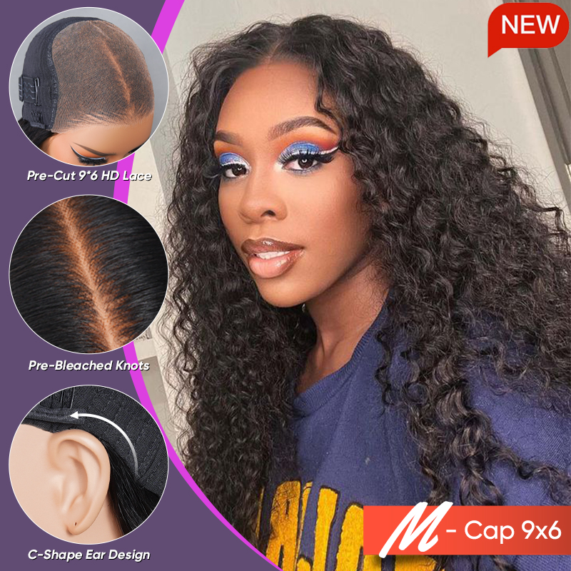 Wigfever M-cap Deep Wave 9x6 Bleached Tiny Knots Pre-Cut Lace Closure Pre Plucked Human Hair Shake And Go Wigs