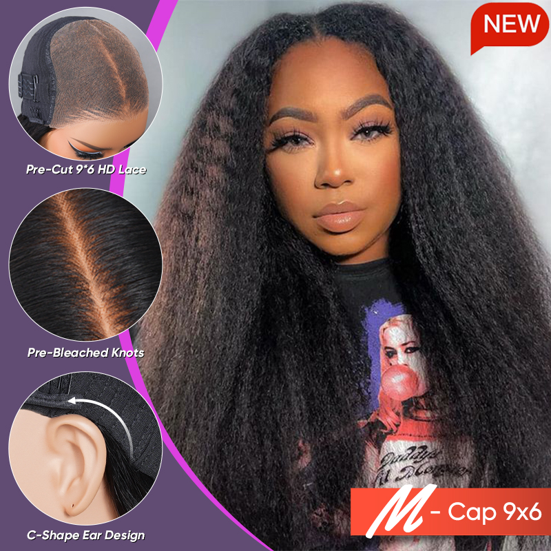 Wigfever M-cap Kinky Straight 9x6 Bleached Tiny Knots Pre-Cut Lace Closure Pre Plucked Human Hair Shake And Go Wigs