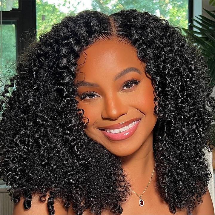 Wigfever Afro Curly Pre Bleached Knots Pre Cut Pre-plucked Glueless 7*4 HD Lace Closure Shake And Go Wigs