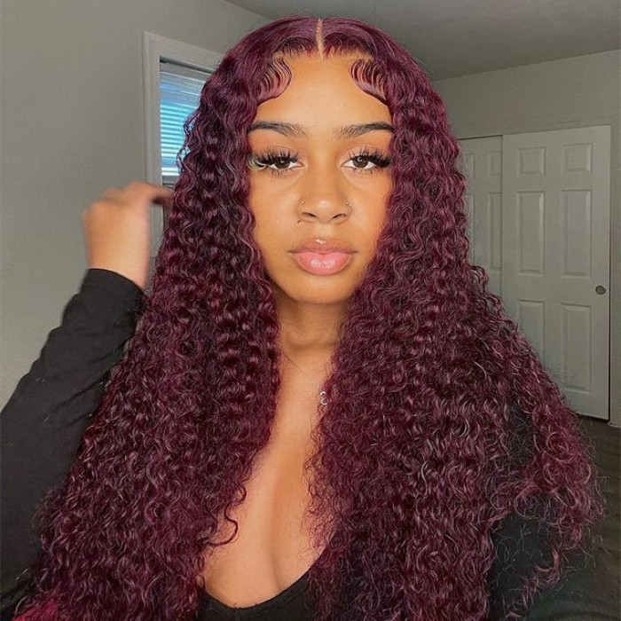 99J Burgundy Water Wave 13*4 Lace Front Human Hair Wigs Pre Plucked