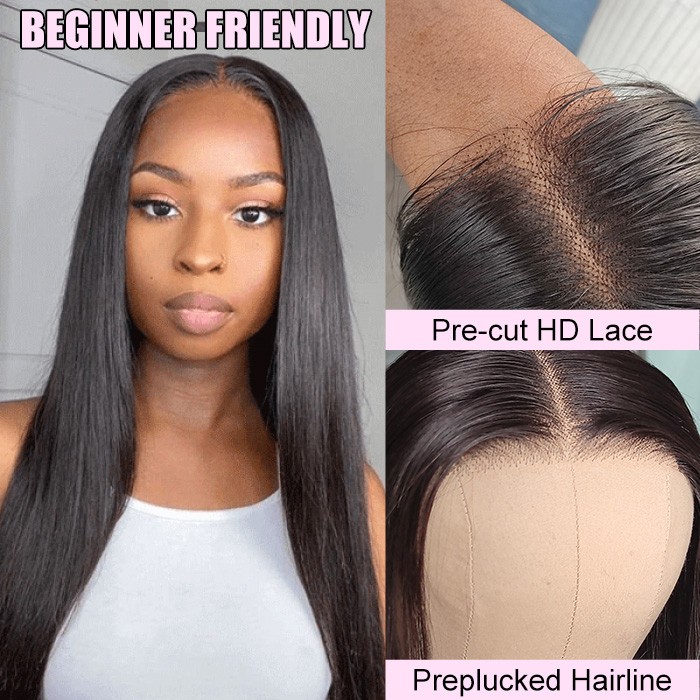 Glueless Silky Straight Human Hair Lace Closure Wigs with Breathable Cap