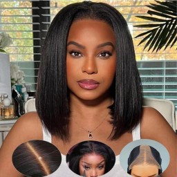 Wigfever 9x6 T-part Layered Cut Wear Go Bob Yaki Straight Glueless Wig Natural Hairline Deep Part Lace Human Hair Wig