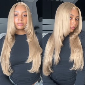 Wigfever Ash Honey Blonde Silky Straight Layered Cut 180% Density Pre-Plucked And Pre Cut 7*4 Lace Closure Wig