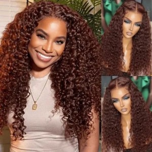 26 inch Reddish Brown Water Wave 13x4 HD Lace Front  150% Density Wig