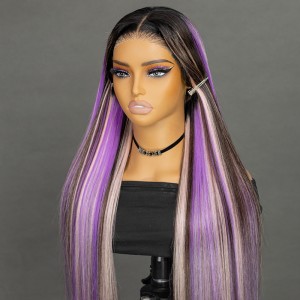 Wigfever Purple Highlight Balayage With Dark Root Silky Straight Wear Go Glueless Pre-Plucked 7*4 Lace Closure Wig