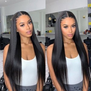 Wigfever Yaki Straight Silky Press Wear Go Pre Bleached Invisible Knots Glueless 7*4 Pre Plucked HD Lace Closure Wig