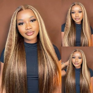 Wigfever Highlight Kinky Straight Wear Go Pre-Plucked And Pre Cut Glueless 7*4 Lace Closure Wig