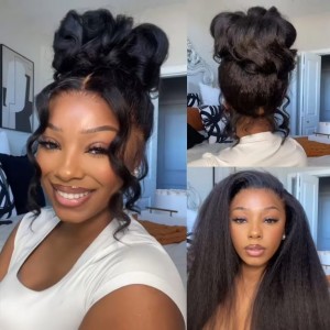 Wigfever 360 Kinky Straight Invisi Drawstring Wear Go Glueless Pre-Bleached And Pre-Cut Lace Human Hair Wig