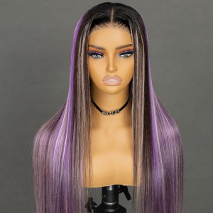 Wigfever Purple Highlight Balayage With Dark Root Silky Straight Wear Go Glueless Pre-Plucked 7*4 Lace Closure Wig
