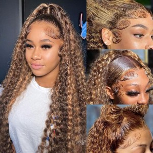 Wigfever 360 Highlight Brown Water Wave Invisi Drawstring Wear Go Glueless Pre-Cut Lace Human Hair Wig