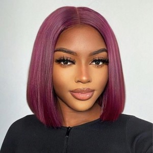 Wigfever Glueless Dark Plum color Straight Wear Go Pre-plucked 7*4 Lace Closure Bob Wig