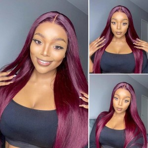 Wigfever Burgundy Silky Straight 200% Density 13*4 Lace Front Human Hair Wigs