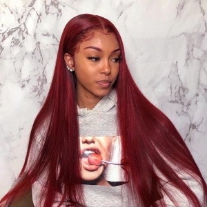 Wigfever Burgundy Silky Straight 200% Density 13*4 Lace Front Human Hair Wigs