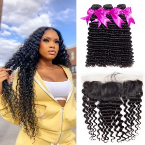 Wigfever Deep Wave Human Hair 3Bundles With 13x4 Lace Frontal 100% Human Hair Extensions