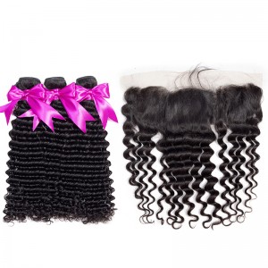 Wigfever Deep Wave Human Hair 3Bundles With 13x4 Lace Frontal 100% Human Hair Extensions