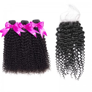 Wigfever Kinky Curly Bundles With Closure Remy Human Hair 3 Bundles With 4*4 Lace Closure Human Hair Extensions