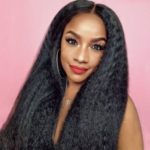 Upgrade Pre Bleached Wigfever Mongolian Kinky Straight 13*4 Lace Front Yaki Human Hair Wigs