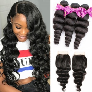Wigfever Loose Wave Bundles With Closure Remy Human Hair 3 Bundles With 4*4 Lace Closure Human Hair Extensions