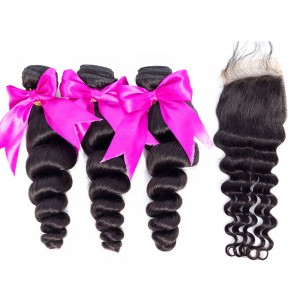 Wigfever Loose Wave Bundles With Closure Remy Human Hair 3 Bundles With 4*4 Lace Closure Human Hair Extensions