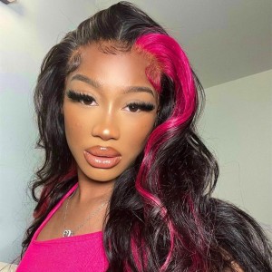 Wigfever Highlight Skunk Stripe Hair Silky Straight Neon Pink 13*4 Lace Front Human Hair Wig