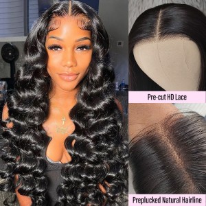 Wigfever Glueless HD lace Loose Deep Wave 180% Density Human Hair Lace Closure Wigs