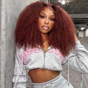 Wigfever Reddish Brown Kinky Curly Pre-Plucked And Pre-Cut Glueless 7*4 Lace Closure Wig