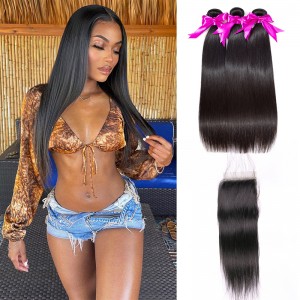 Wigfever Straight Bundles With Closure Remy Human Hair 3 Bundles With 4*4 Lace Closure Human Hair Extensions