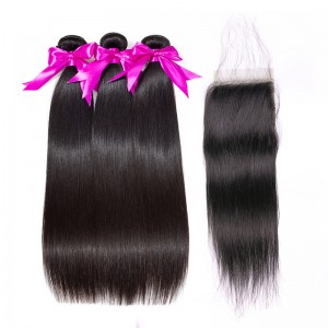 Wigfever Straight Bundles With Closure Remy Human Hair 3 Bundles With 4*4 Lace Closure Human Hair Extensions