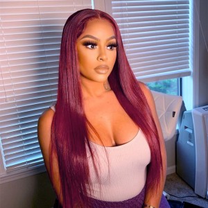 Wigfever 99j Colored Wig Straight Transparent Lace Wigs for Sale 180% Density Human Hair