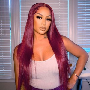 Wigfever 99j Colored Wig Straight Transparent Lace Wigs for Sale 180% Density Human Hair