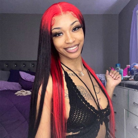 wigfever two tone red and black peekaboo hair lace front human hair wigs